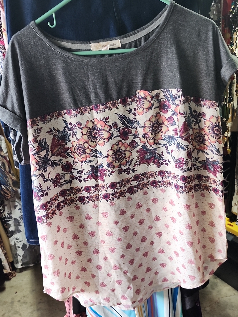 Rewind Gray Top with Pink & Purple Floral Panel